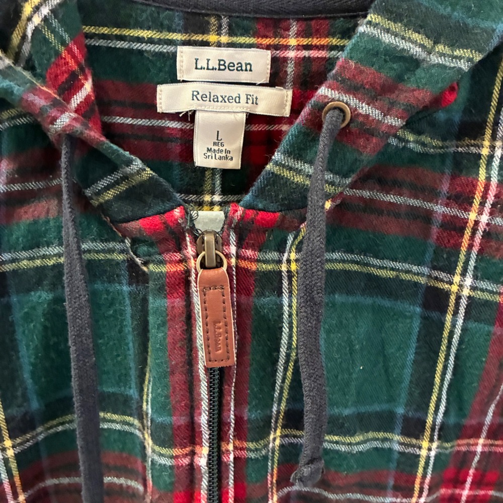 L.L.Bean Flannel Zip Hoodie Womens Size Lg Green Plaid Granola Gorpcore Outdoor - Picture 2 of 6
